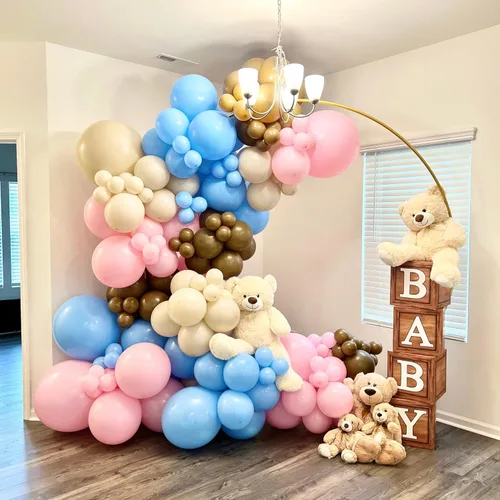 Vista 2 de Cajas de baby shower para decoración de fiesta, 4 bloques de madera de grano marrón con letras de bebé, letras impresas, decoración de centro