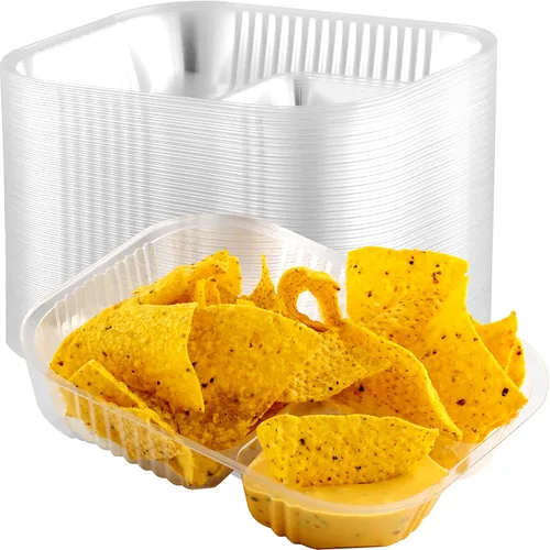 Bandejas de plástico antiderrames. Barcos desechables de 2 compartimentos, ideales para aperitivos, aperitivos y alimentos justos. Grandes soportes