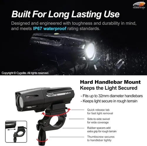 Vista 6 de Cygolite Metro Pro - Luz de bicicleta de 1200 lúmenes - 9 modos de noche y día - IP67 impermeable - Faro recargable USB - para carretera, montaña
