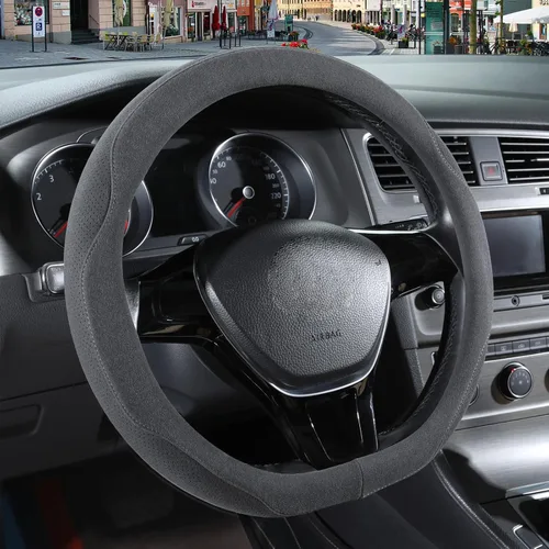 Vista 15 de Funda para volante en forma de D de gamuza negra de 14 pulgadas, transpirable, antideslizante, a prueba de sudor, resistente al desgaste, sin