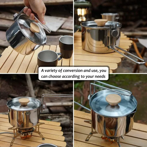 Vista 6 de Olla de camping de acero inoxidable con tapa y mango extraíble, hervidor de agua ligera para acampar al aire libre, fácil de limpiar, olla