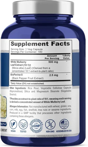 Vista 2 de NusaPure Extracto de hoja de morera blanca 5,000 mg 180 cápsulas vegetales (vegetariano, bioperina)