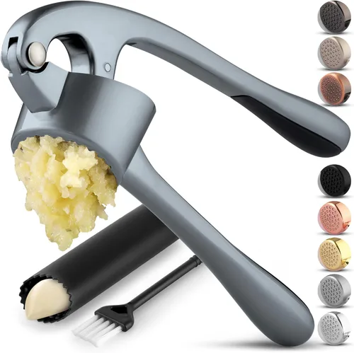 Vista 22 de Zulay Kitchen - Prensa de ajo prémium con mango suave y fácil de apretar, con pelador de ajo de silicona y cepillo de limpieza, de 3 piezas