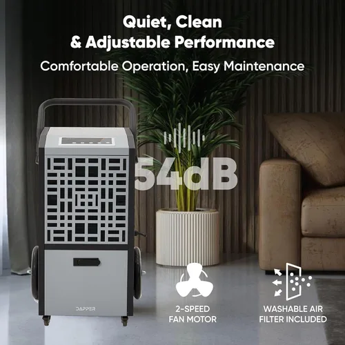 Vista 4 de Deshumidificador comercial de 105 pintas para sótanos y espacios industriales - Bomba integrada, manguera de drenaje, funcionamiento continuo