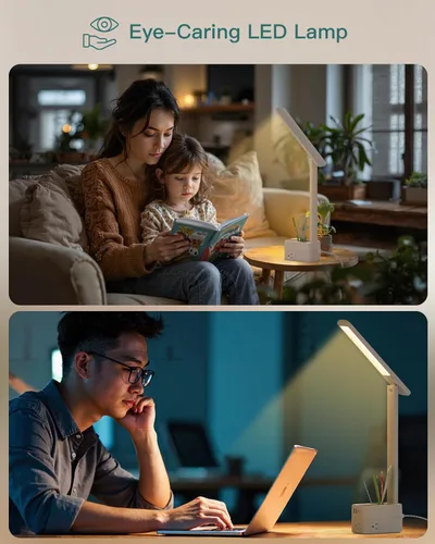 Vista 5 de Addtam Lámpara de escritorio LED con soporte para bolígrafo, lámparas de estudio con 3 tomas, 4 puertos de carga USB (2 USBC), 3 modos