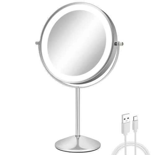 8" Makeup Mirror with Lights, 1X/10X Lighted Vanity Mirror with Magnification, 3 Color Adjustable Brightness, 360° Rotating Dual-Side, USB