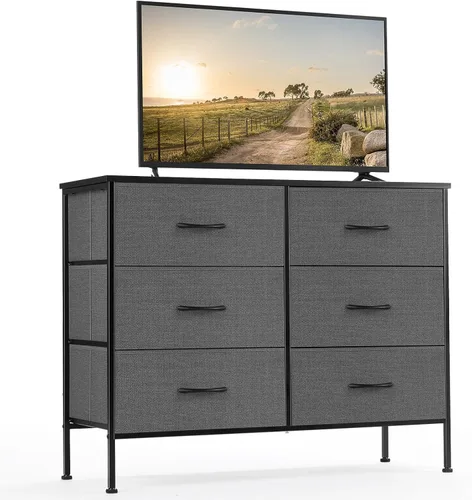 Vista 25 de DUMOS Cómoda de 8 cajones para dormitorio, organizador de almacenamiento de tela con marco de metal resistente, cómoda superior de madera para Negro