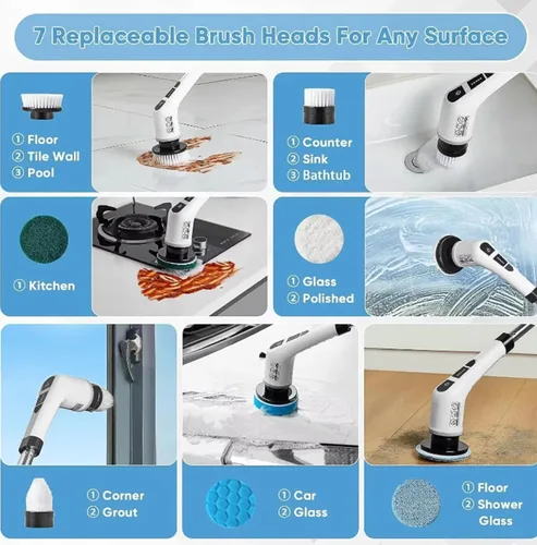 Vista 3 de Limpiador giratorio eléctrico 7 en 1 con mango de extensión largo, cepillo de limpieza inalámbrico con 2 velocidades, limpiador eléctrico con 7