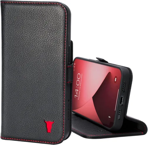 Vista 10 de TORRO Funda de cuero compatible con iPhone 12 / iPhone 12 Pro - Funda de piel auténtica tipo cartera con tarjetero y función de soporte (negro)