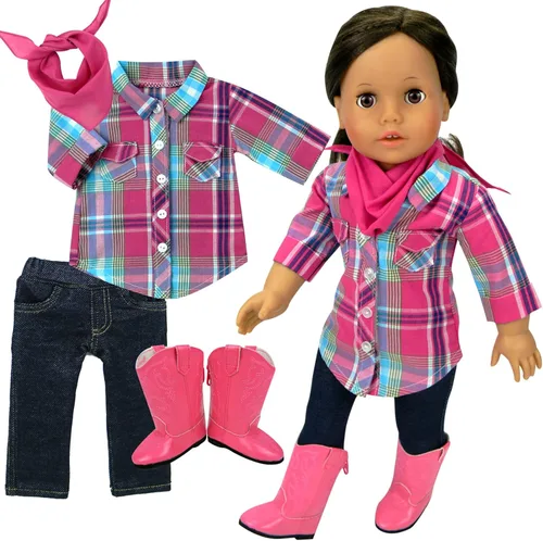 Vista 3 de Sophia's Muñeca de 18 pulgadas, 4 piezas, camisa a cuadros, jeggings, botas rosas y traje de bandana, multicolor