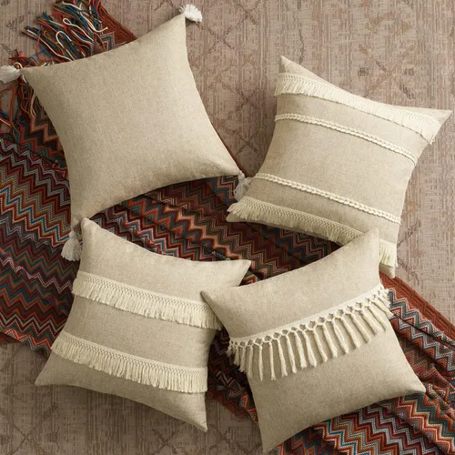 Vista 4 de Topfinel Juego de 4 fundas de almohada decorativas neutras de 18 x 18 pulgadas, almohadas bohemias beige para sofá, cama, sala de estar, funda