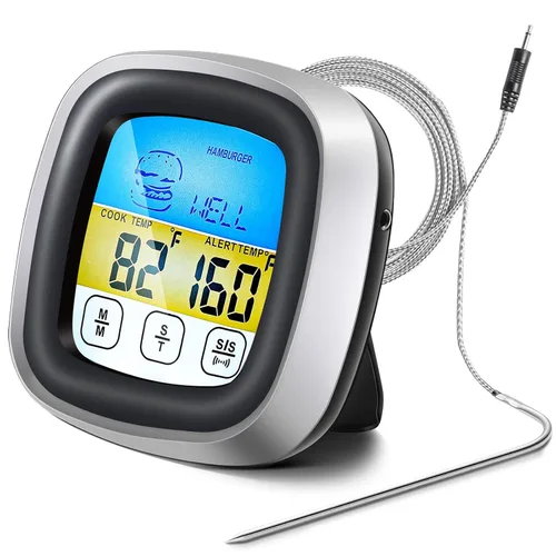 Termómetro de carne, termómetro digital para horno con sonda larga, pantalla táctil LCD grande, temporizador de cocina, termómetro de parrilla de