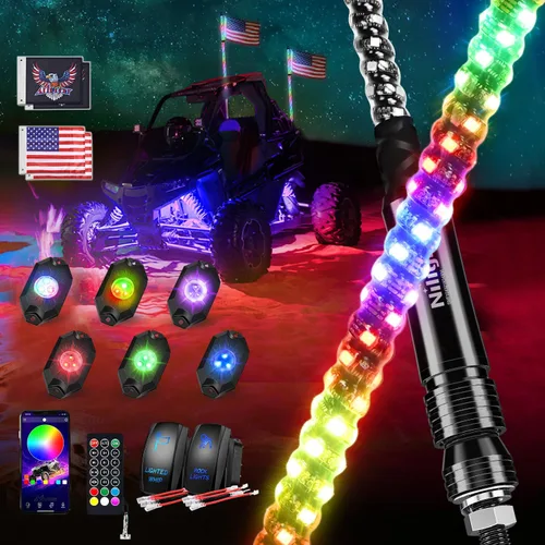 Vista 18 de Nilight - Luces de látigo LED RGB de 4 pies, 2 unidades, control remoto y aplicación, con patrones de persecución, luz de parada, direccional