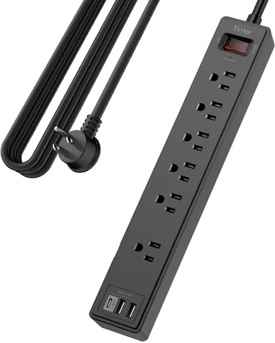 Vista 10 de Regleta protectora contra sobretensiones de 6 pies, cable de extensión Yintar con 6 salidas de CA y 3 puertos USB para el hogar, oficina, artículos