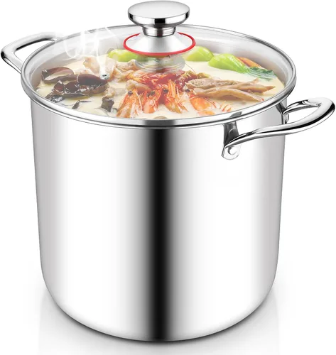 Vista 9 de TeamFar Olla de 10 cuartos de galón, olla grande de acero inoxidable de tres capas para sopa de pasta con tapa de vidrio, para gas de inducción