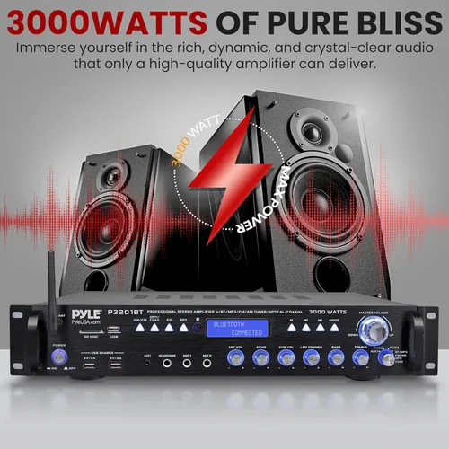 Vista 2 de Pyle - Receptor preamplificador Bluetooth multicanal - 3000 vatios de audio para el hogar, sonido estéreo con radio, USB, auriculares, AUX, RCA