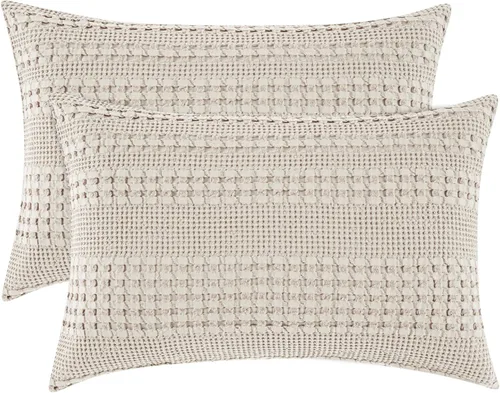 Vista 2 de PHF - Fundas de almohada 100% algodón con tejido gofre europeo, 26 x 26 pulgadas, 2 unidades para decoración elegante del hogar, para cama, sin