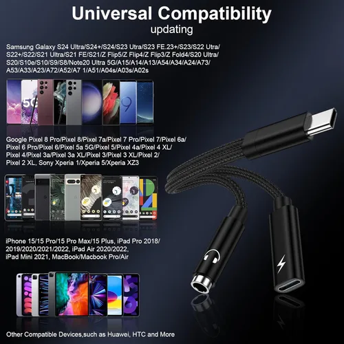 Vista 6 de Adaptador de auriculares Samsung Galaxy S26, 2 en 1, USB C a conector de audio auxiliar de 0.138 in con cable de carga rápida de 60 W para Galaxy