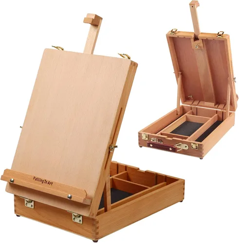 Caballete de mesa de madera Falling in Art, caballete de escritorio de caja de bocetos de madera sólida para pintar, caballete de dibujo de arte