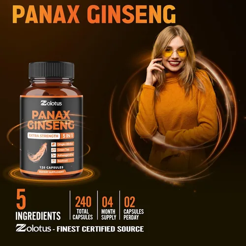 Vista 8 de Zolotus Korean Red Panax Ginseng + Ginkgo Biloba, Ashwagandha, Beetroot, Green Tea - 120 Capsules (Pack of 2)