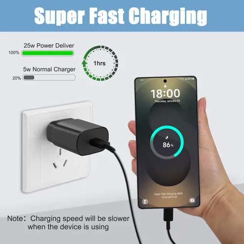 Vista 6 de Cargador súper rápido tipo C, bloque de cargador de pared rápido USB C de 25 W y cable de carga rápida súper largo de 8 pies para Samsung Galaxy