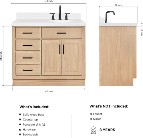 Vista 482 de ARIEL Hepburn - Tocador de baño de 30 pulgadas con fregadero, madera maciza, encimera y protector contra salpicaduras de cuarzo blanco puro de 1.5
