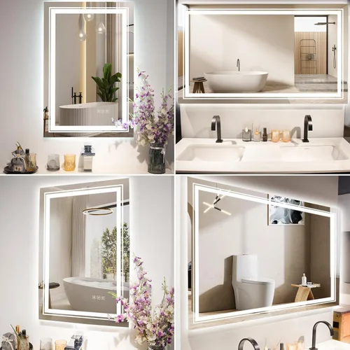 Vista 2 de Espejo LED de 24 x 32 pulgadas para baño con luz frontal y retroiluminada, espejos digitales para pared, antiniebla, regulable continuo, espejo