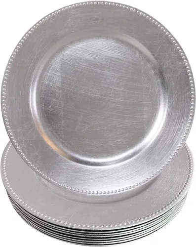Platos de carga plateados con cuentas de plástico – 12 unidades de 13 pulgadas redondas de boda Decroation Platos metálicos (Plata, 12)