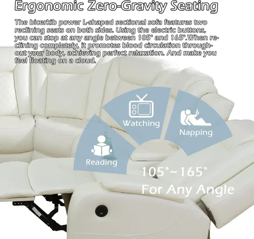 Vista 7 de Juego de sofá modular reclinable eléctrico para sala de estar, juego de sofá reclinable de cuero con luces LED / almacenamiento oculto, sofá en Beige