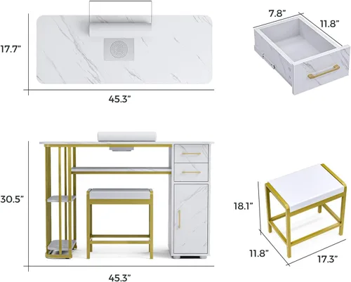Vista 6 de Mesa de manicura para uñas para tecnología de uñas, mesa profesional de uñas con taburete, colector de polvo, bolsa de polvo y cojín de muñeca, mesa