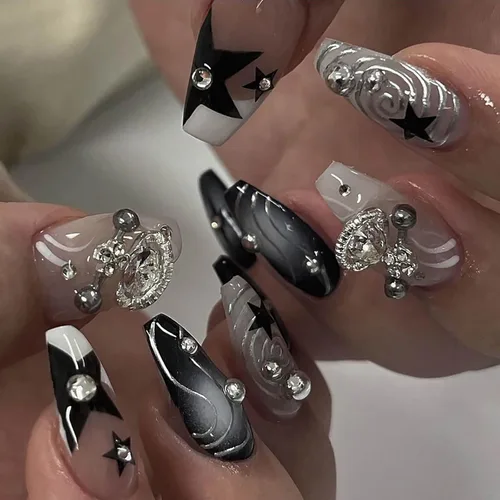 Vista 11 de RTKHFZE Uñas de Presión Francesas Uñas Postizas de Presión Largas Cuadradas con Dijes Diseños de Mariposas 3D y Diamantes de Imitación Uñas