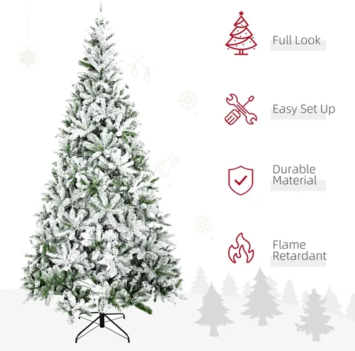 Vista 3 de HOMCOM Árbol de Navidad artificial de pino flocado de nieve sin luz de 9 pies de alto con ramas realistas, verde