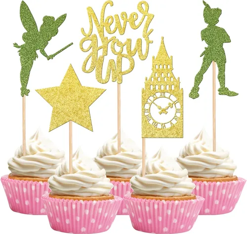 30 piezas de decoración para cupcakes Never Grow Up con purpurina de Neverland Peter Pan para reloj, torre, palillos para cupcakes, cuentos de feria