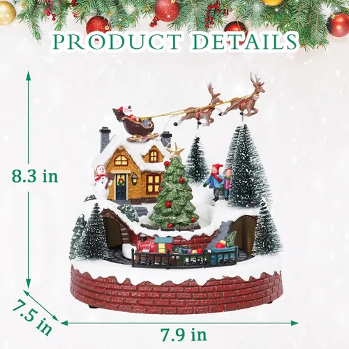Vista 7 de Bdor Decoración de mesa de pueblo navideño con tren giratorio, música y luces, escena navideña iluminada con trineo de Papá Noel, árbol y niños