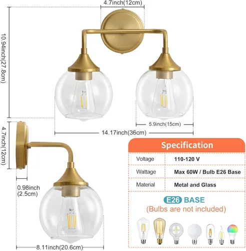 Vista 4 de Lámpara de Tocador de Baño Dorada con Pantalla de Vidrio Transparente, Base E26, Luminarias de Baño de 2 Luces Sobre Espejo, Luces de Tocador de 14