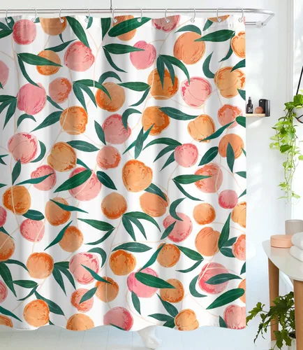 Lifeel Cortina de ducha color durazno, diseño de frutas, bonito diseño colorido e impermeable, juego de cortinas de baño con 12 ganchos, color rosa