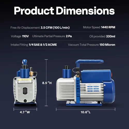 Vista 7 de VIVOHOME Bomba de vacío HVAC de 1/4 HP 3.5 CFM 1 etapa A2L, motor sin chispas para sistemas R32 R1234yf R454B R134a R22 R410a, bomba de vacío