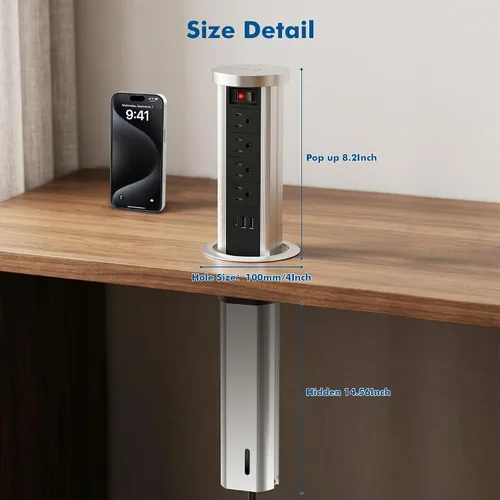 Vista 7 de Toma de corriente desplegable para encimera, receptáculo con USB C y 4 salidas de CA, toma de corriente empotrada con cargador inalámbrico de 10 W