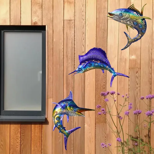 Vista 5 de Decoración de pared de peces de metal, juego de 3 piezas de pez espada de atún Marlin, tema tropical azul y dorado, decoración para el día