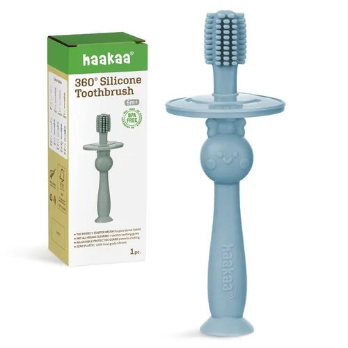 Vista 17 de haakaa Cepillo de dientes para bebé de 360° con base de succión - Limpieza suave para entrenamiento de autocepillado de niños pequeños, silicona