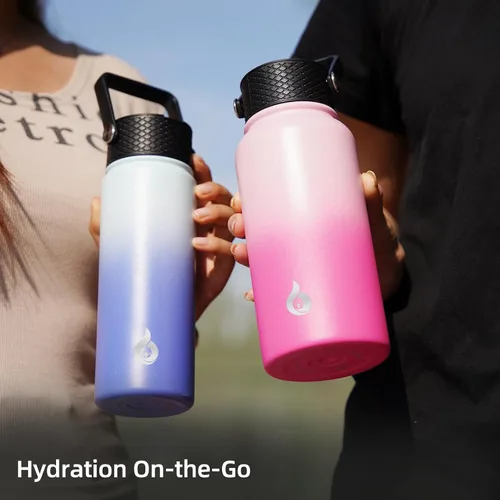 Vista 2 de BJPKPK - Botellas de agua aisladas con tapa de popote, botella de agua de acero inoxidable de 27 onzas con 3 tapas, termo de metal sin BPA a prueba