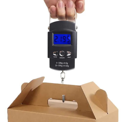 Vista 5 de Báscula de pesca máx 110 libras1102lbs balanza de equipaje retroiluminada pantalla LCD portátil balanza digital para colgar con cinta métrica