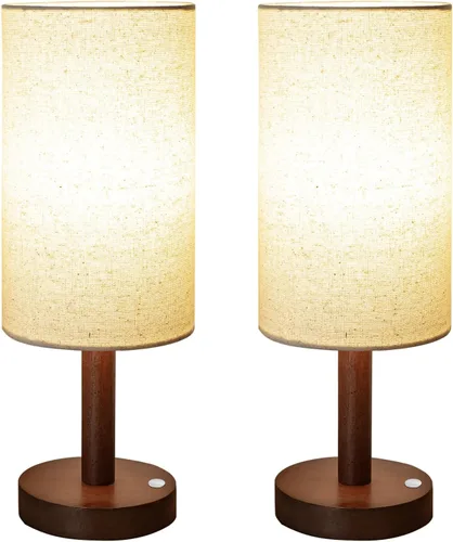 Vista 15 de LALISU Lámpara de mesa pequeña para mesita de noche, pantalla de lino, para dormitorio, base de madera, pequeña lámpara de noche para mesitas