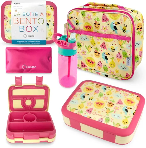 Lonchera Bento con bolsa aislada, juego de botella de agua para niños pequeños, 5 secciones de porciones, bandeja extraíble sin BPA, almuerzos de