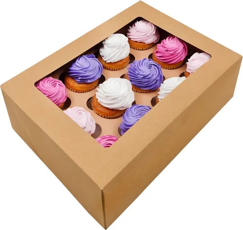 Vista 9 de BAKELUV 12 cajas de magdalenas marrones, recipientes para cupcakes 13 x 9.5 x 4, paquete de 12 cajas de magdalenas a granel, cajas para cupcakes