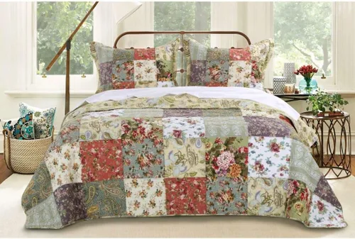 MISC Juego de colcha de 3 piezas de tamaño King, color lavanda, coral, marfil, blanco, verde, azul, colores, patrón de cuadros florales, colcha de