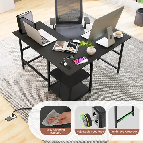 Vista 6 de Giantex Escritorio en forma de L con tomas de corriente y puertos USB, escritorio esquinero para juegos de 48 pulgadas con estantes