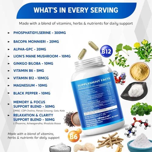 Vista 4 de Fosfatidilserina, Bacopa, Alpha-GPC, melena de león y ginkgo - Apoya la función cognitiva y el enfoque - 150 cápsulas