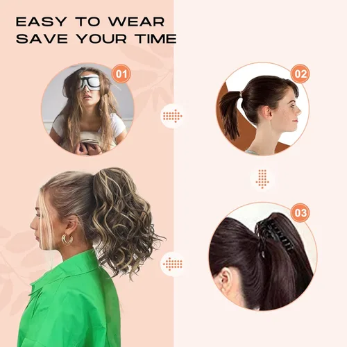 Vista 2 de SEIKEA Extensión de cola de caballo de 10 pulgadas con reflejos, corta, gruesa, ondulada, rizada, Ja con clip, cola de caballo falsa, cabello