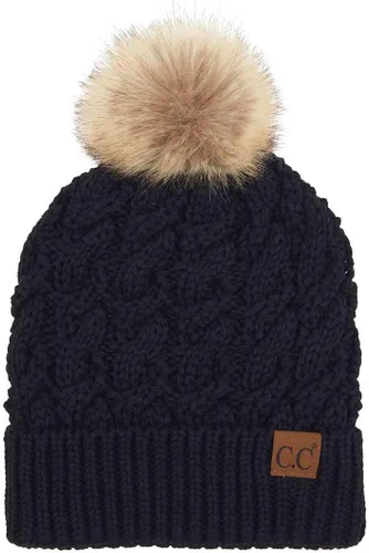 C.C Gorro grueso, de punto trenzado, con pompón, de pelo sintético mullido, forro de vellón y dobladillo